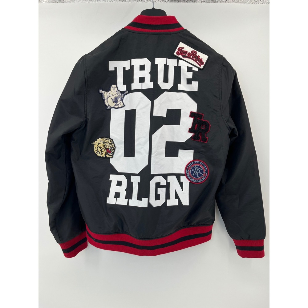 True Religion Varsity Jacket Mens Large Black Red Patchwork Bomber 02 Letterman - Picture 3 of 9